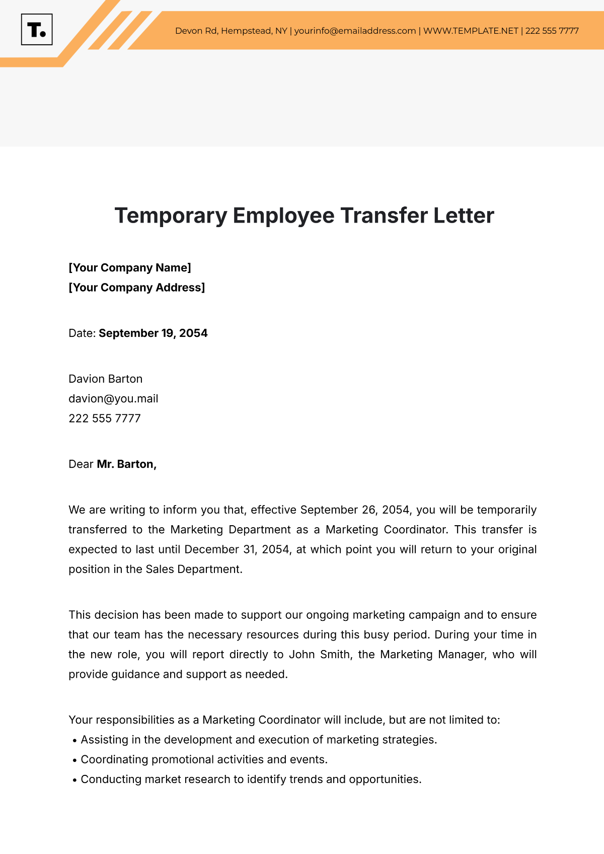 Temporary Employee Transfer Letter Template - Edit Online & Download