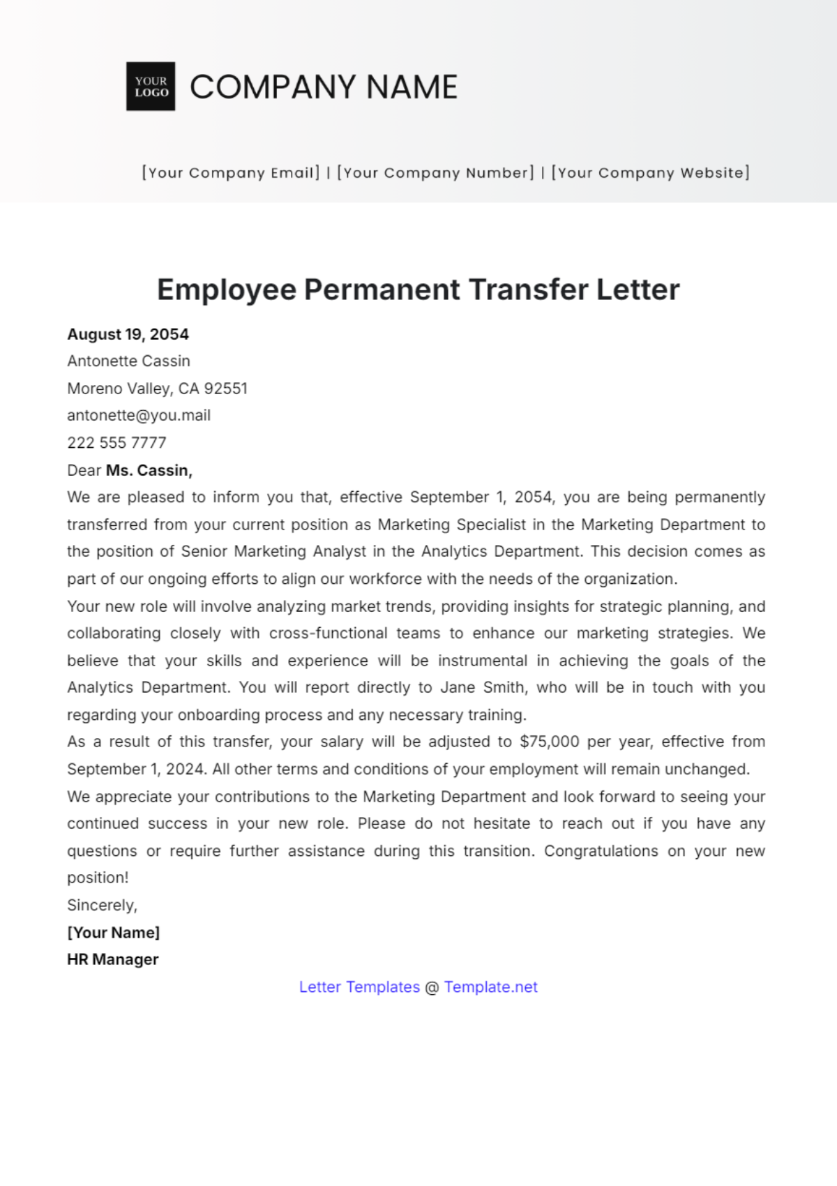 Employee Permanent Transfer Letter Template - Edit Online & Download