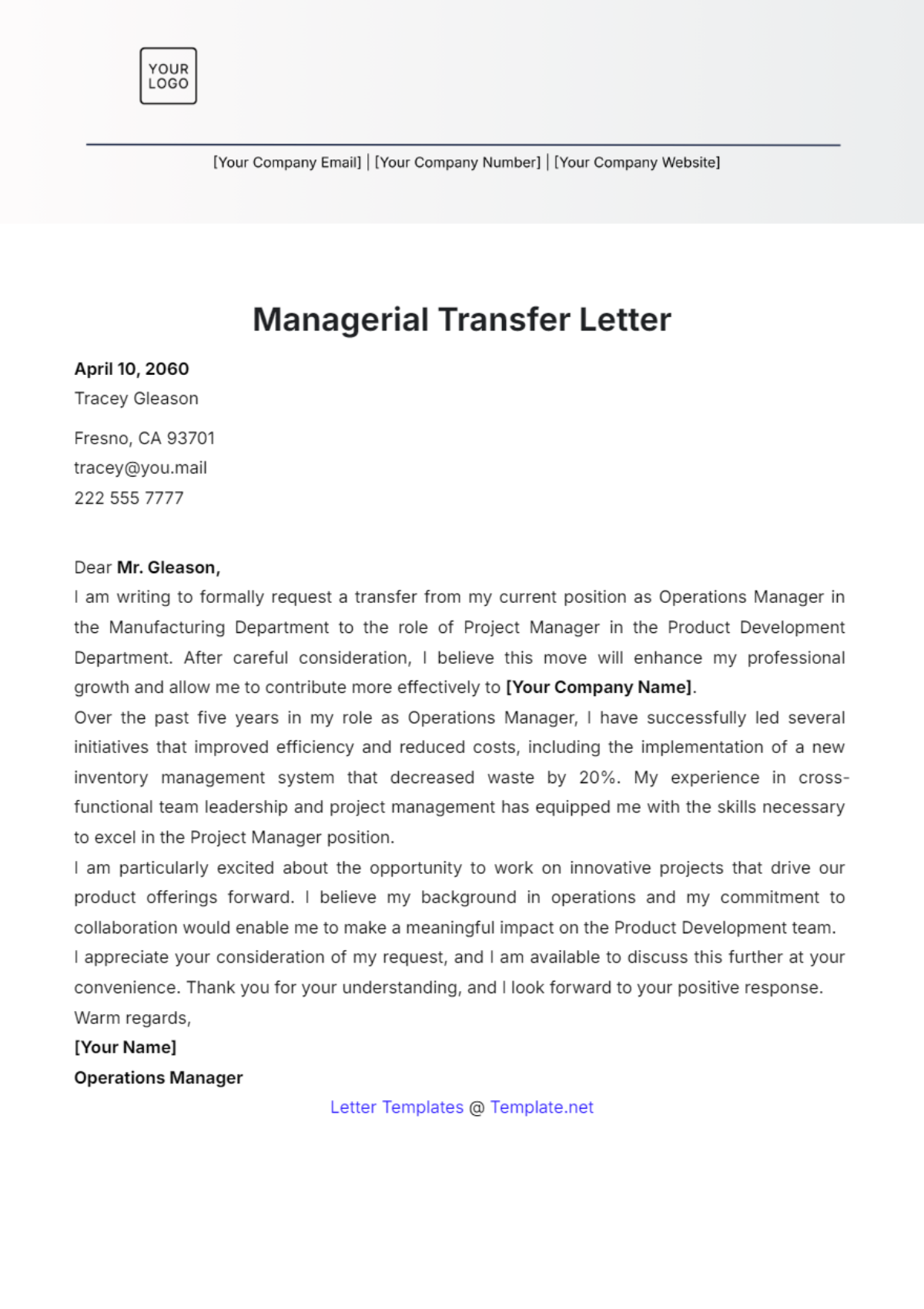 Managerial Transfer Letter Template - Edit Online & Download