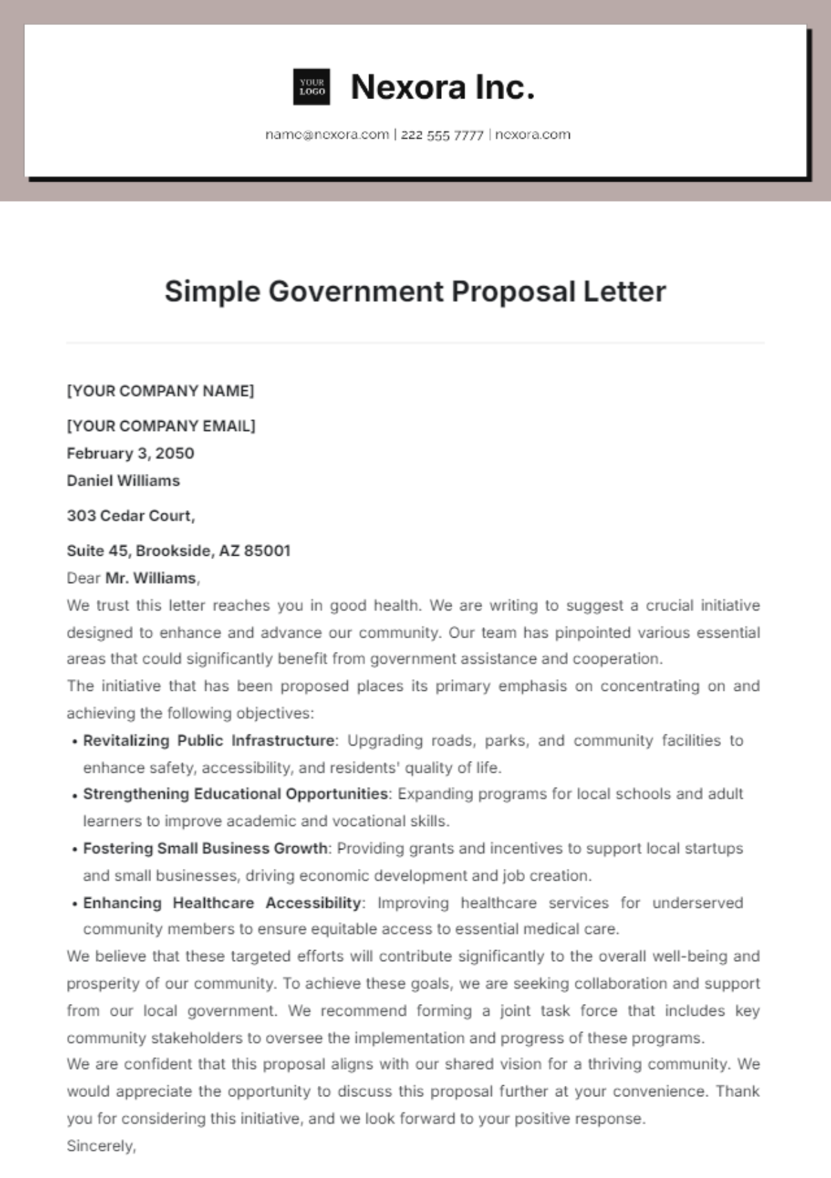 Simple Government Proposal Letter Template - Edit Online & Download