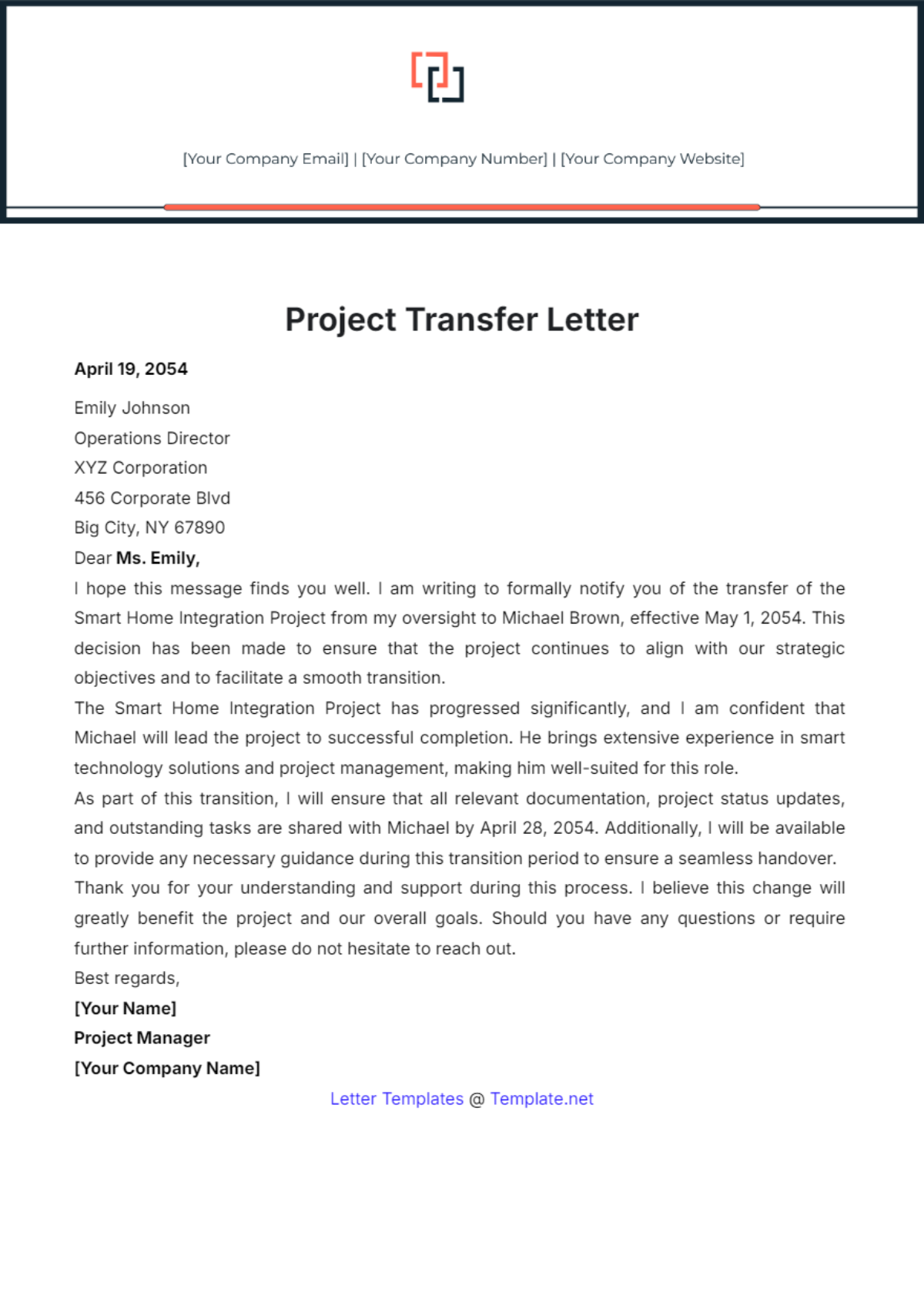 Project Transfer Letter Template - Edit Online & Download