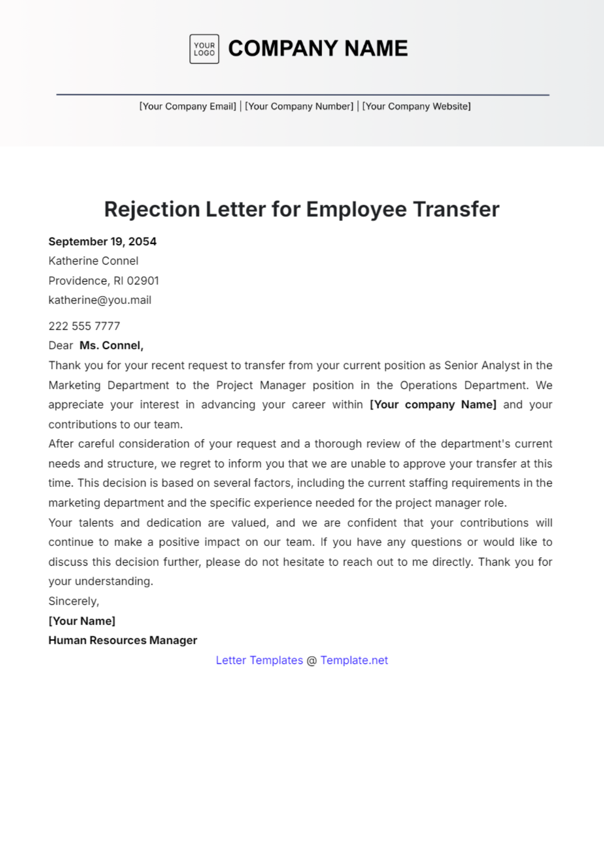 Rejection Letter for Employee Transfer Template - Edit Online & Download