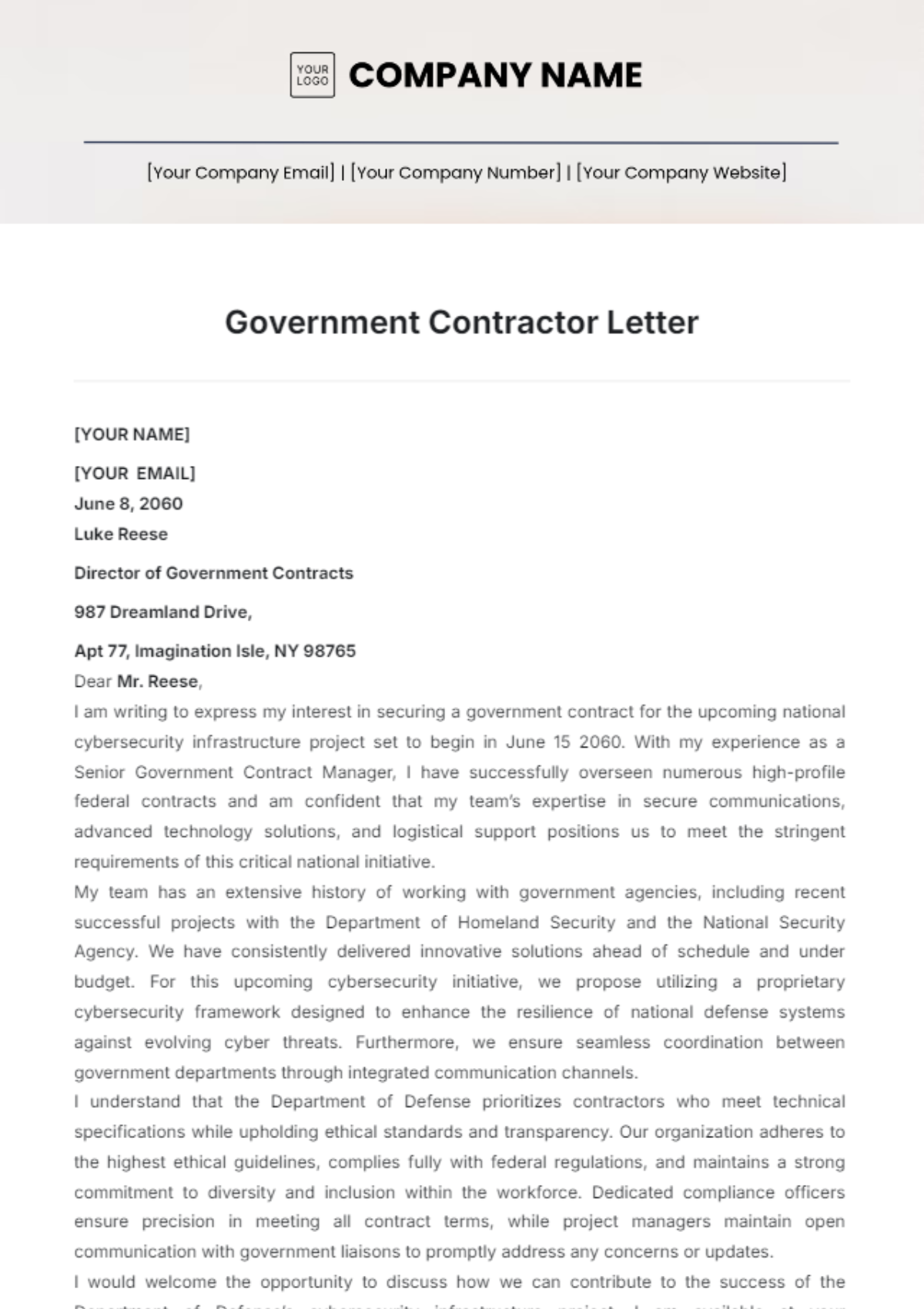 Government Contractor Letter Template - Edit Online & Download