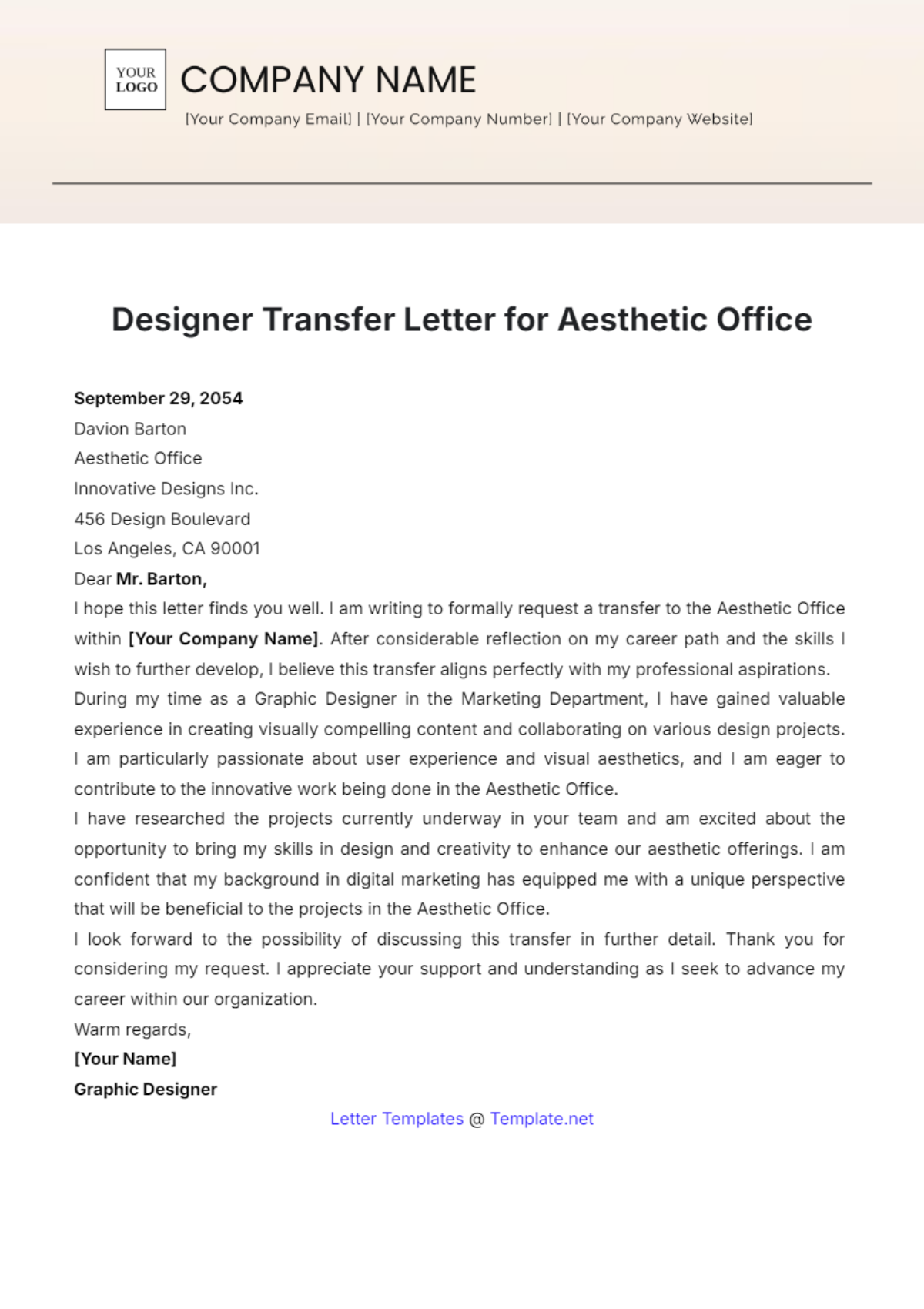 Designer Transfer Letter for Aesthetic Office Template - Edit Online & Download