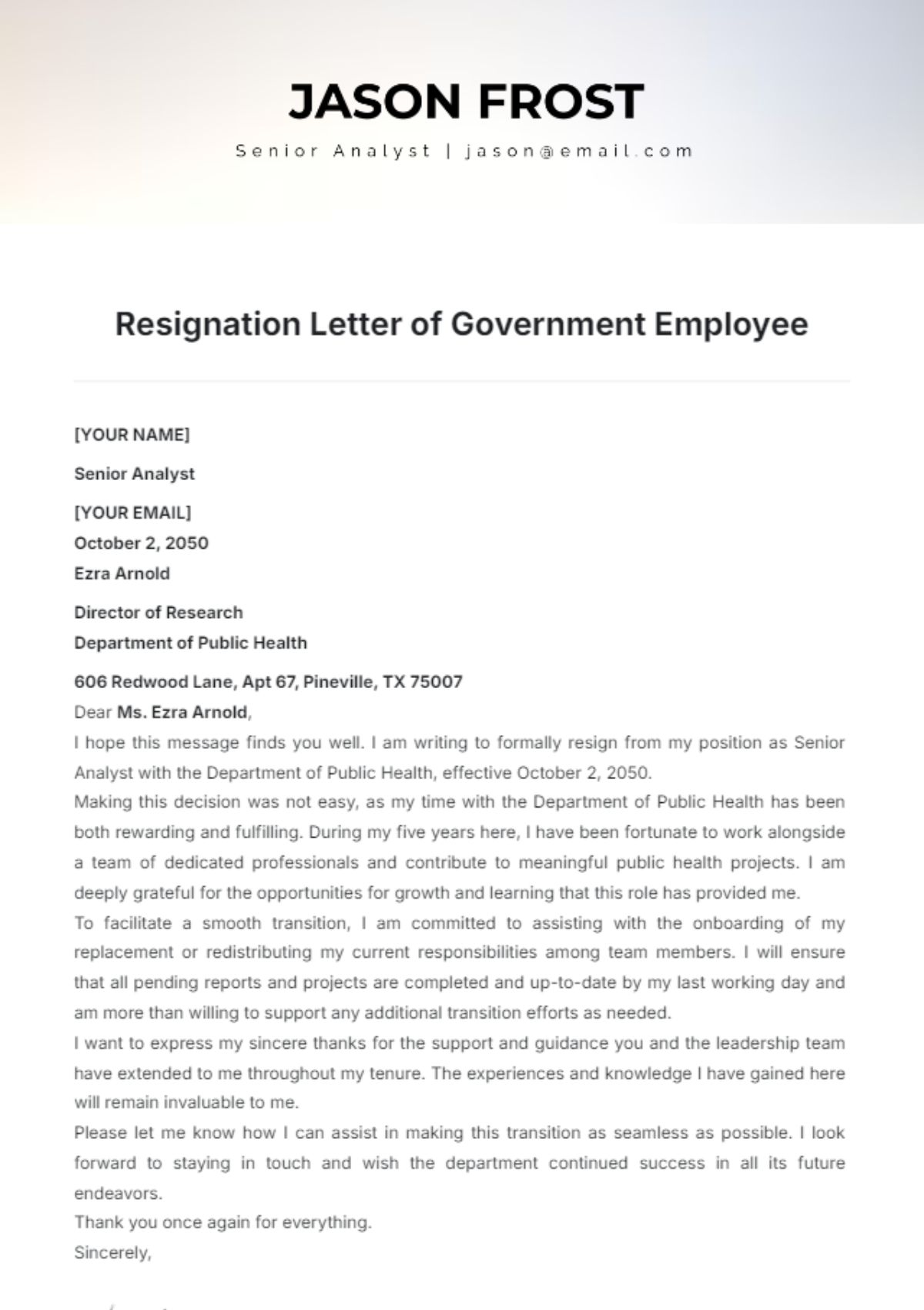 Resignation Letter of Government Employee Template - Edit Online & Download