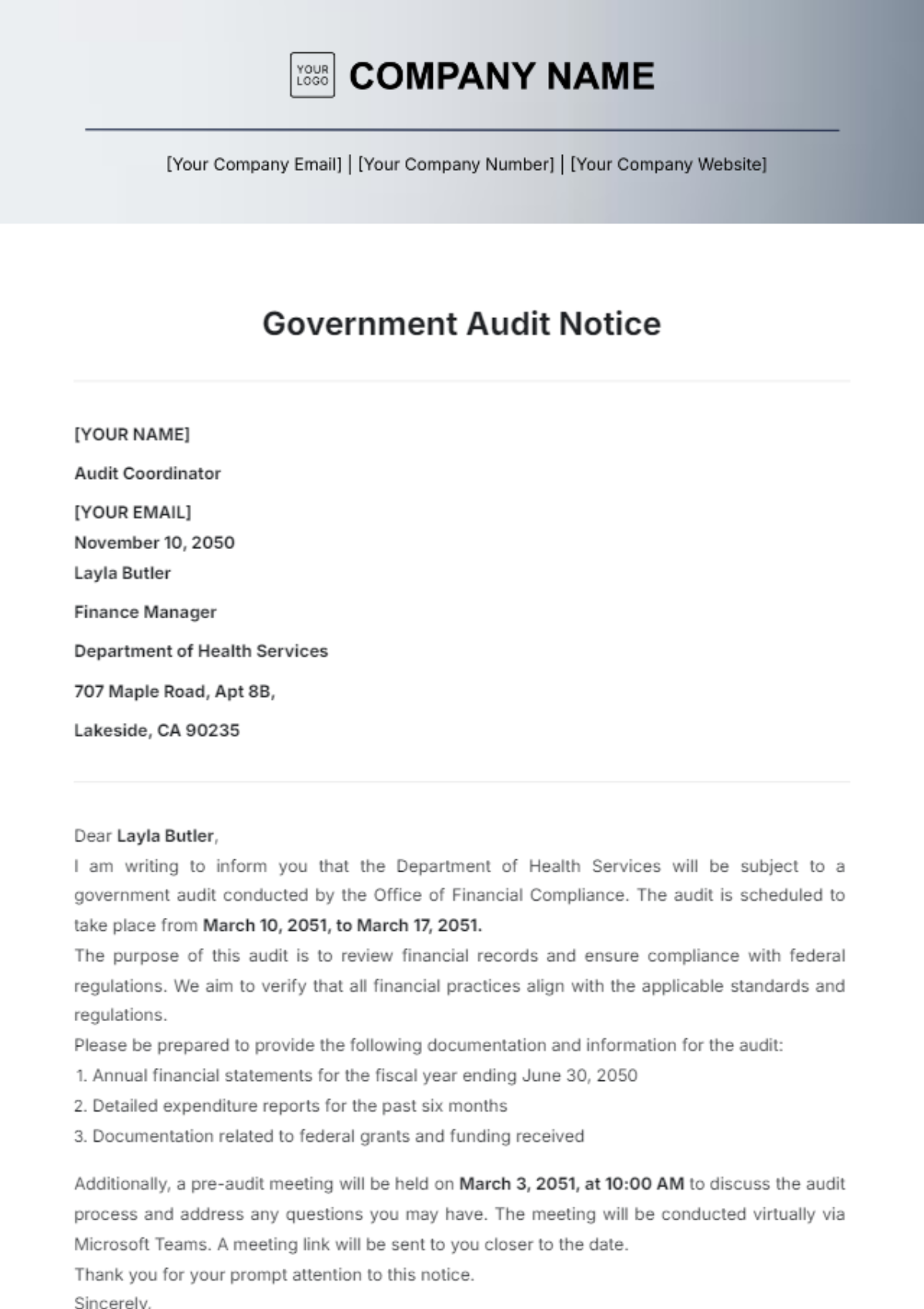 Government Audit Notice Letter Template - Edit Online & Download