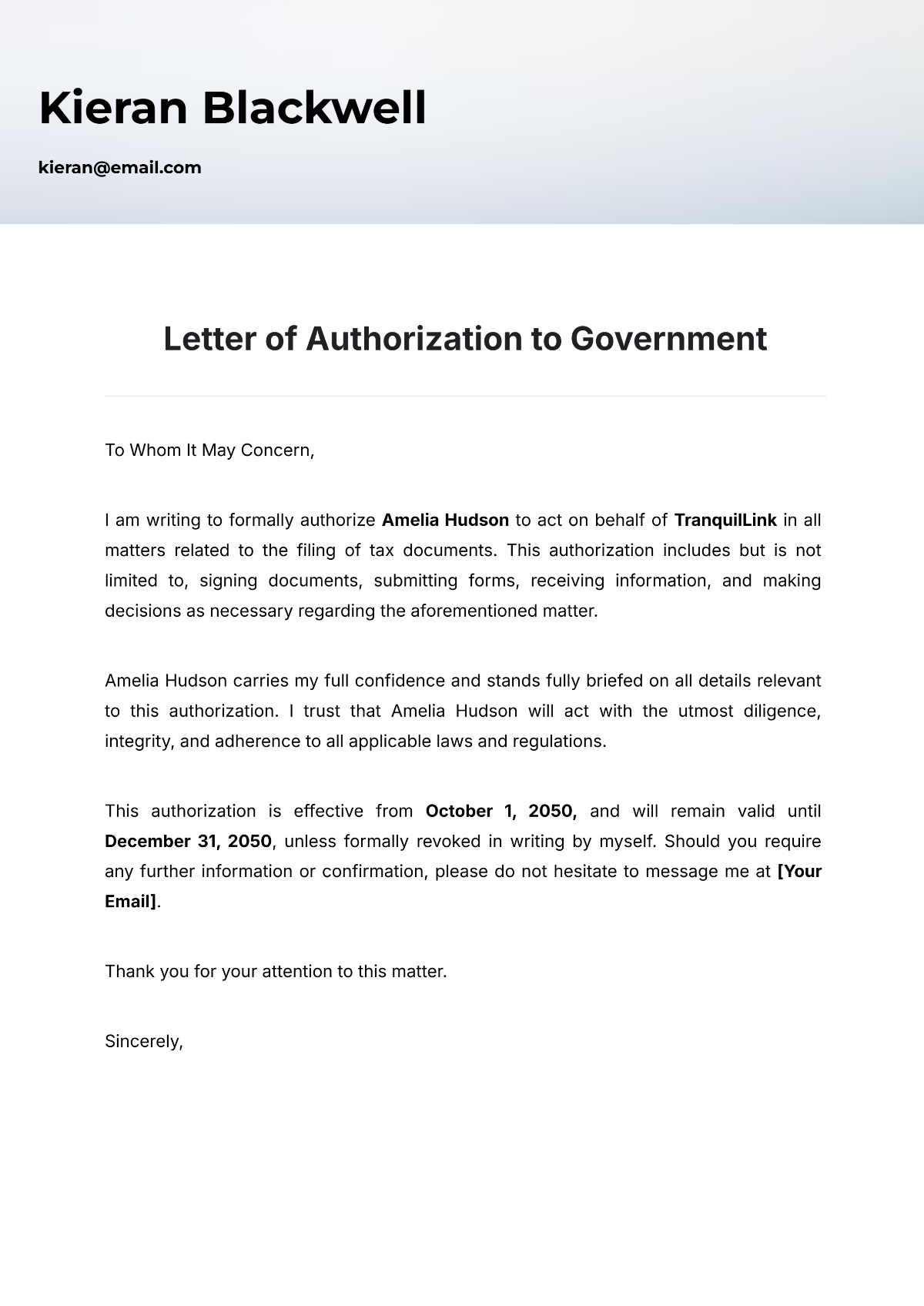 Free Letter Of Authorization To Government Template To Edit Online