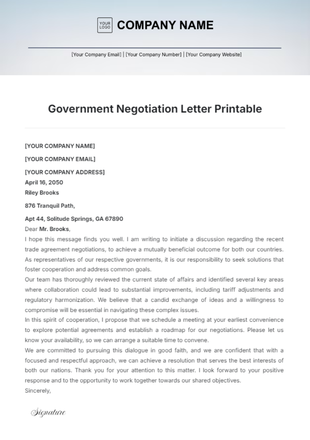 Government Negotiation Letter Printable Template - Edit Online & Download