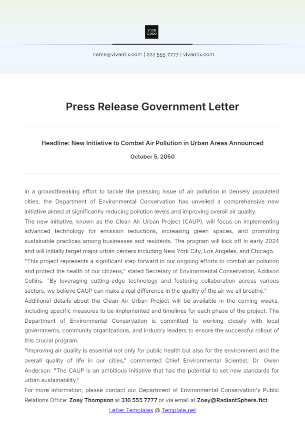 Press Release Government Letter Template - Edit Online & Download