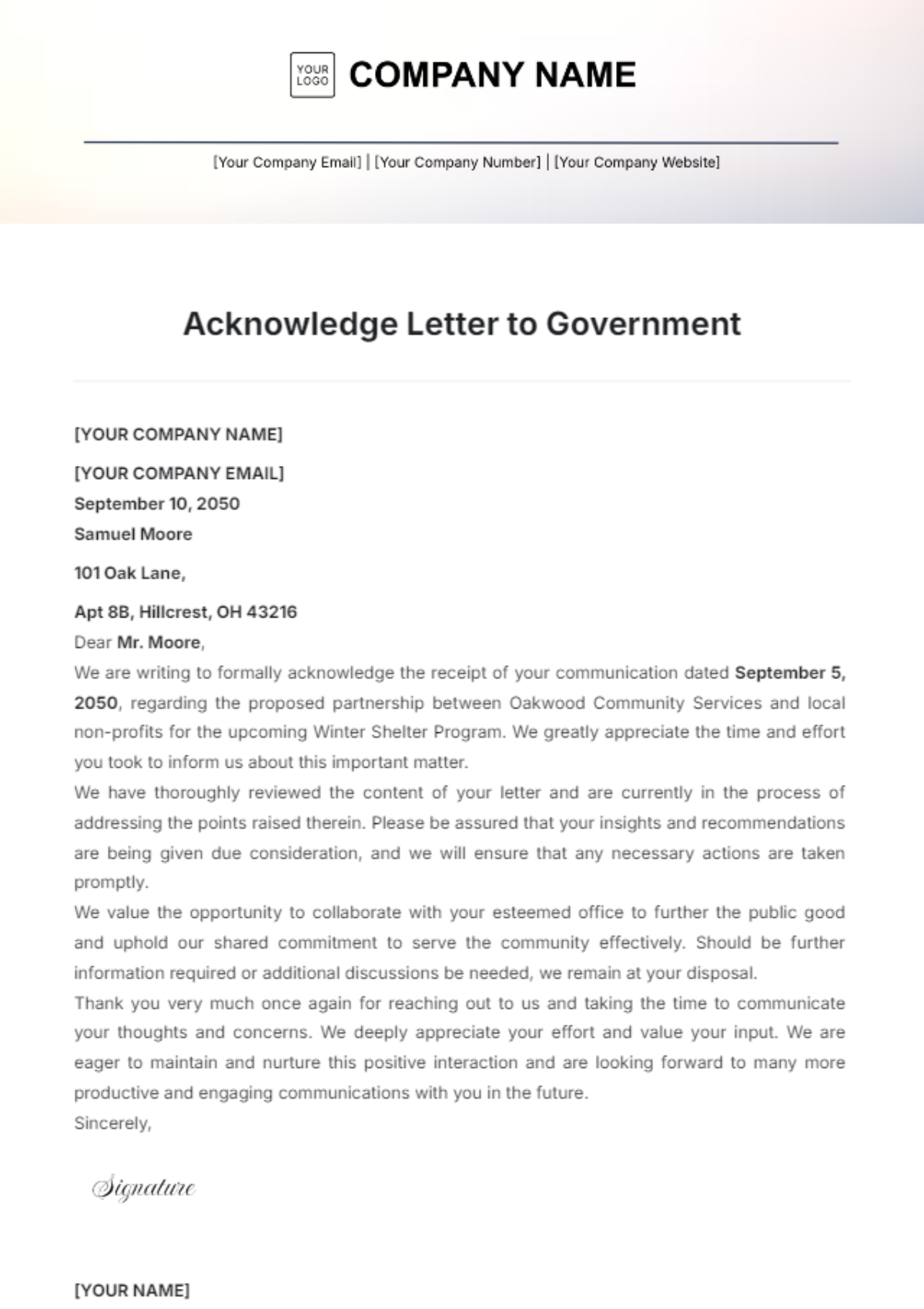 Acknowledge Letter to Government Template - Edit Online & Download