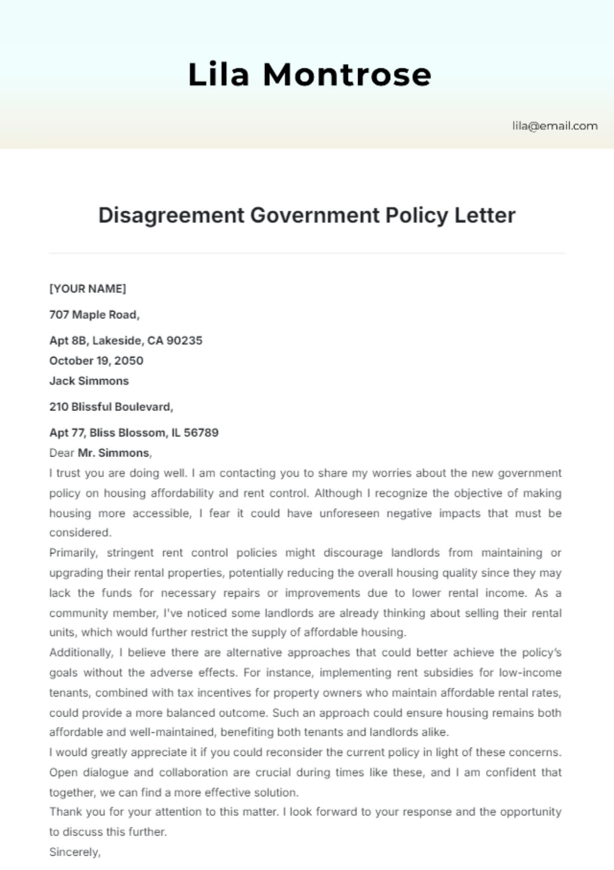 Disagreement Government Policy Letter Template - Edit Online & Download