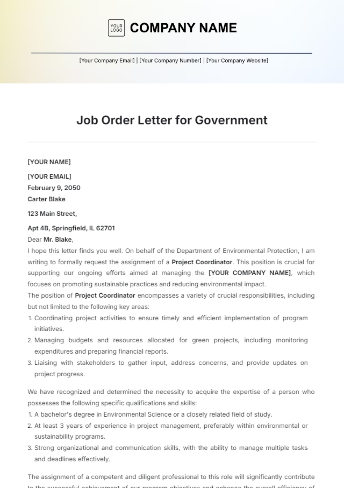 Job Order Letter for Government Template - Edit Online & Download