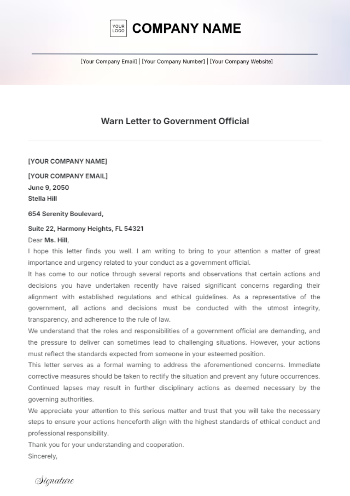 Warn Letter to Government Official Template - Edit Online & Download