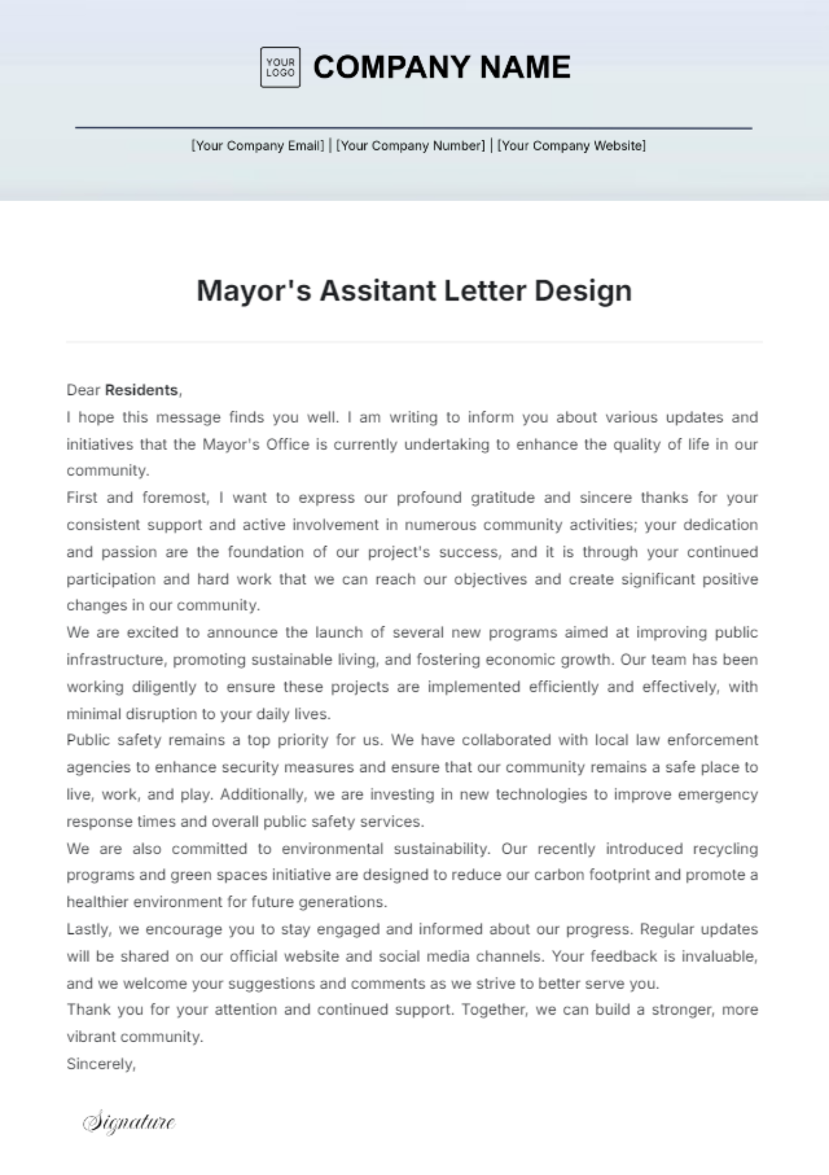 Mayor's Assitant Letter Design Template - Edit Online & Download