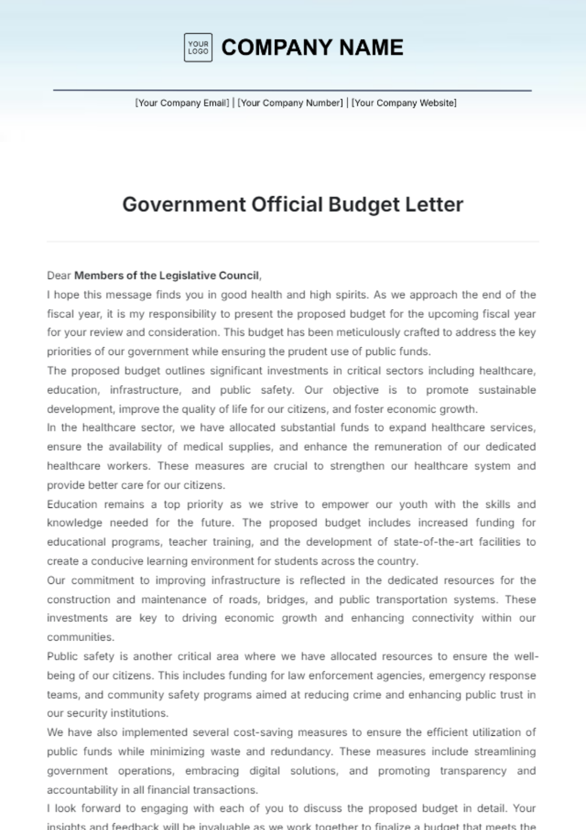 Government Official Budget Letter Template - Edit Online & Download