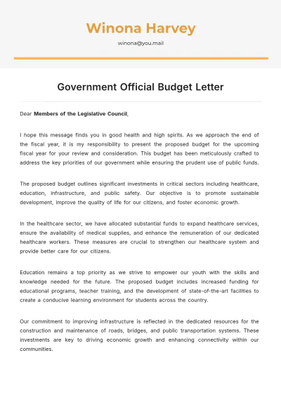 Free Government Official Budget Letter Template to Edit Online