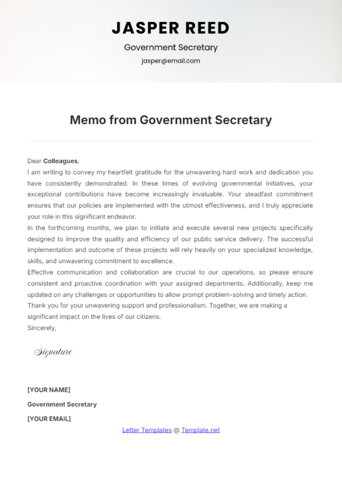 Memo from Government Secretary Template - Edit Online & Download