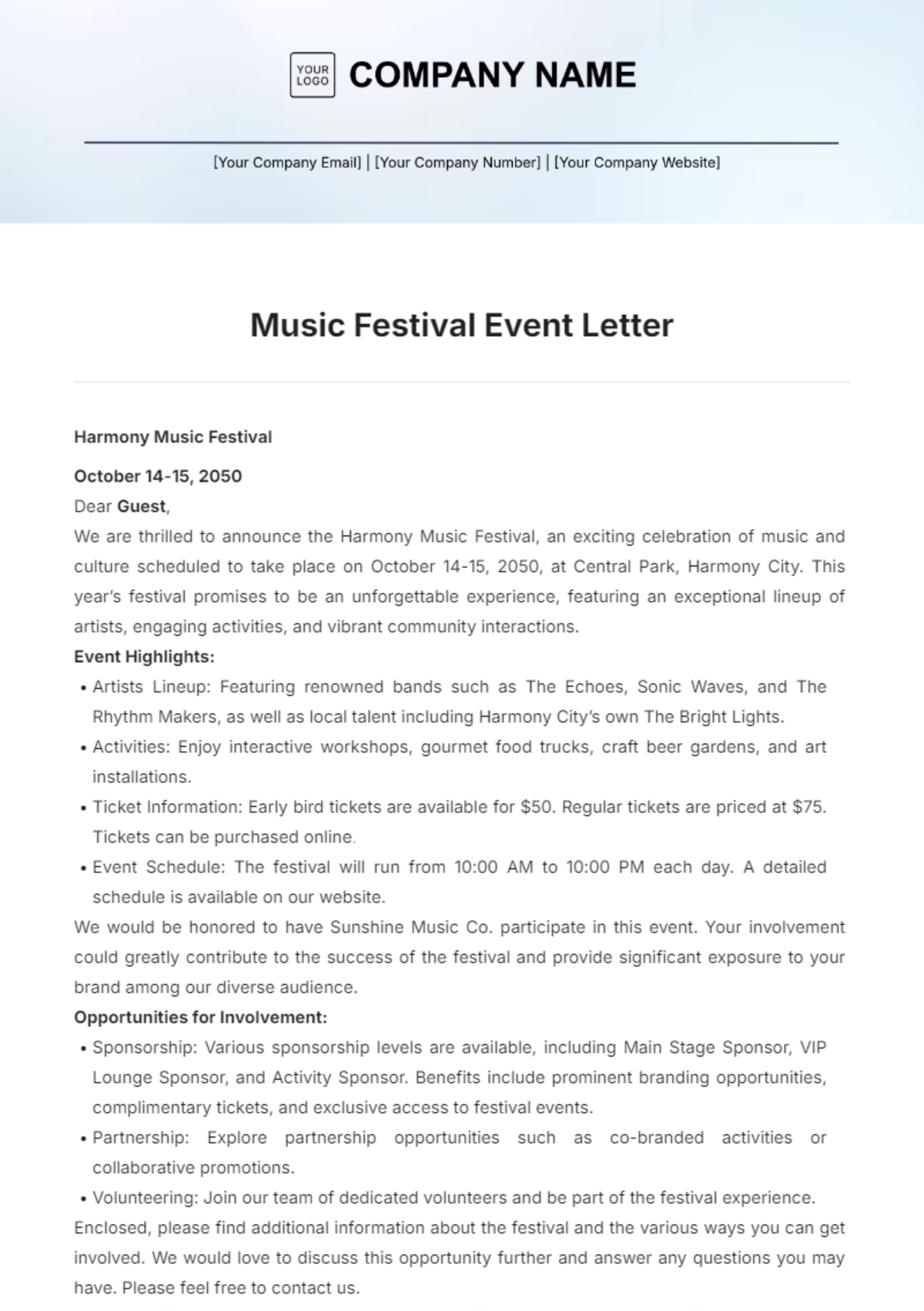 Music Festival Event Letter Template - Edit Online & Download