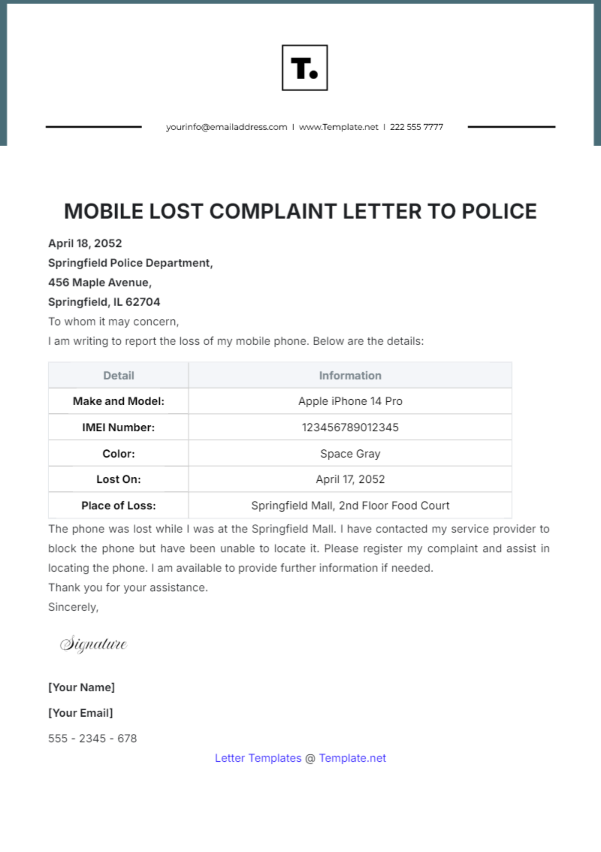 Mobile Lost Complaint Letter to Police Template