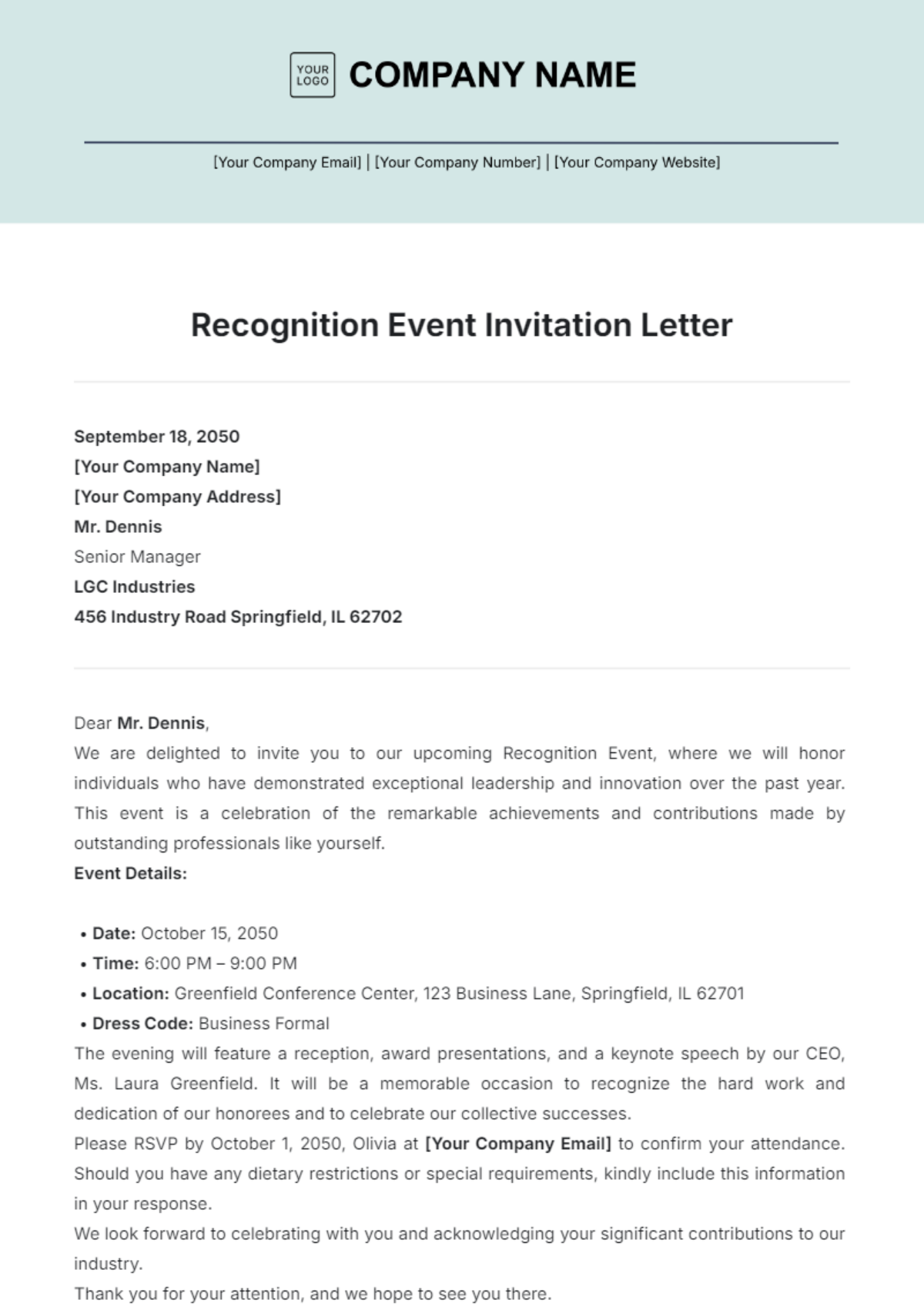 Recognition Event Invitation Letter Template - Edit Online & Download