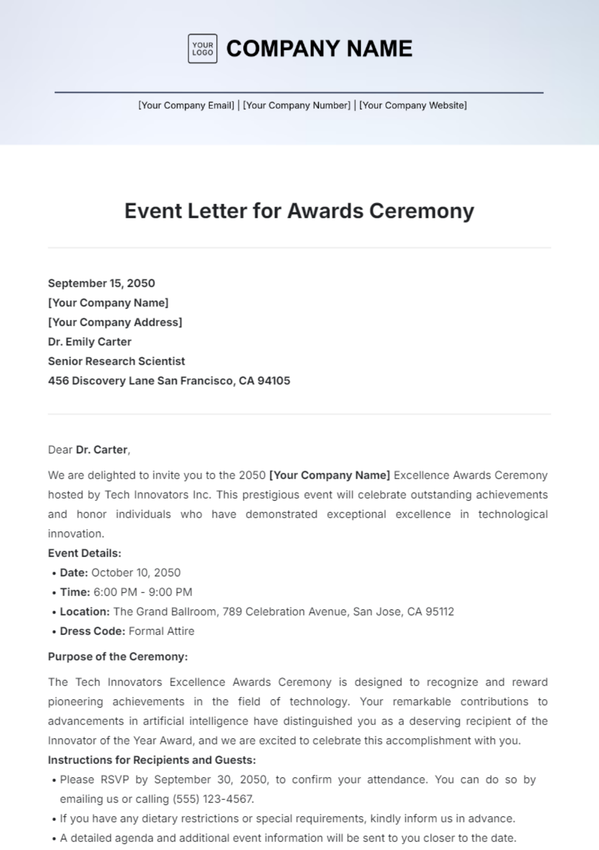 Event Letter  for Awards Ceremony Template - Edit Online & Download