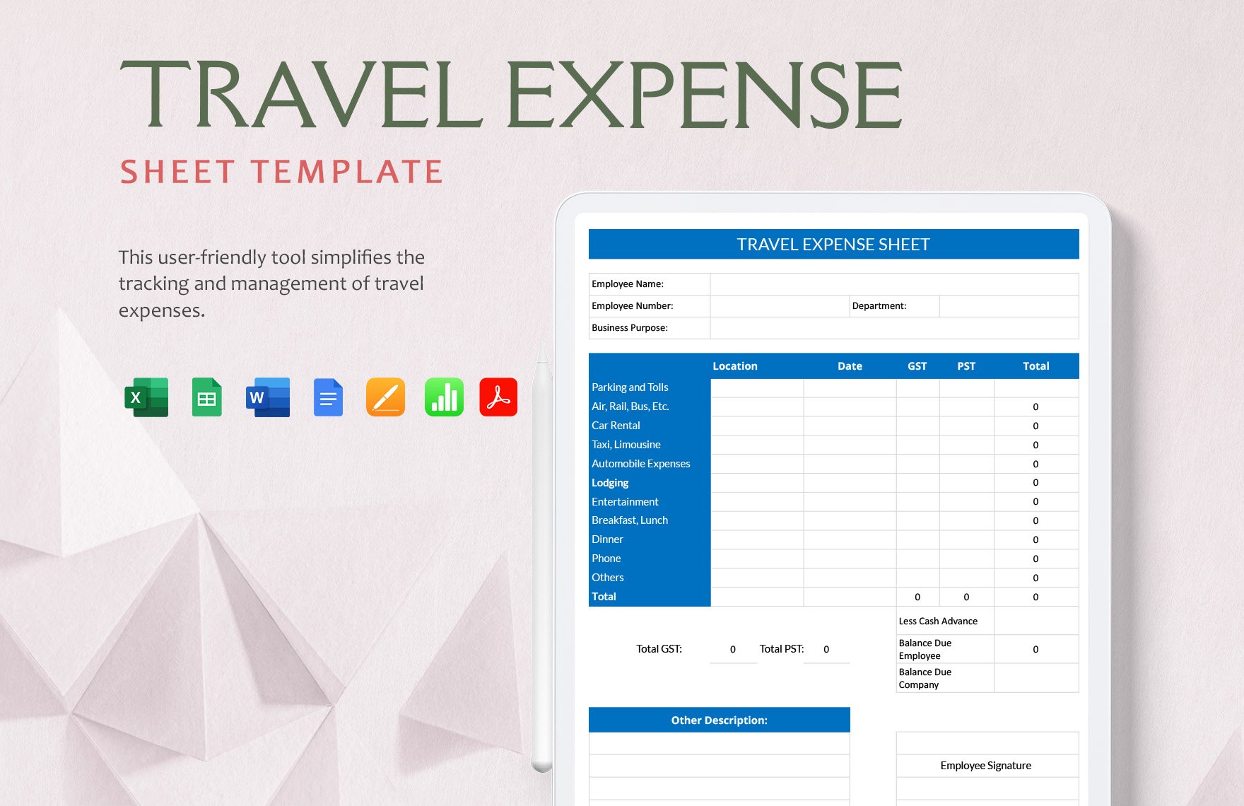 Travel Expense Sheet Template in Word, Google Docs, Excel, PDF, Google Sheets, Apple Pages, Apple Numbers