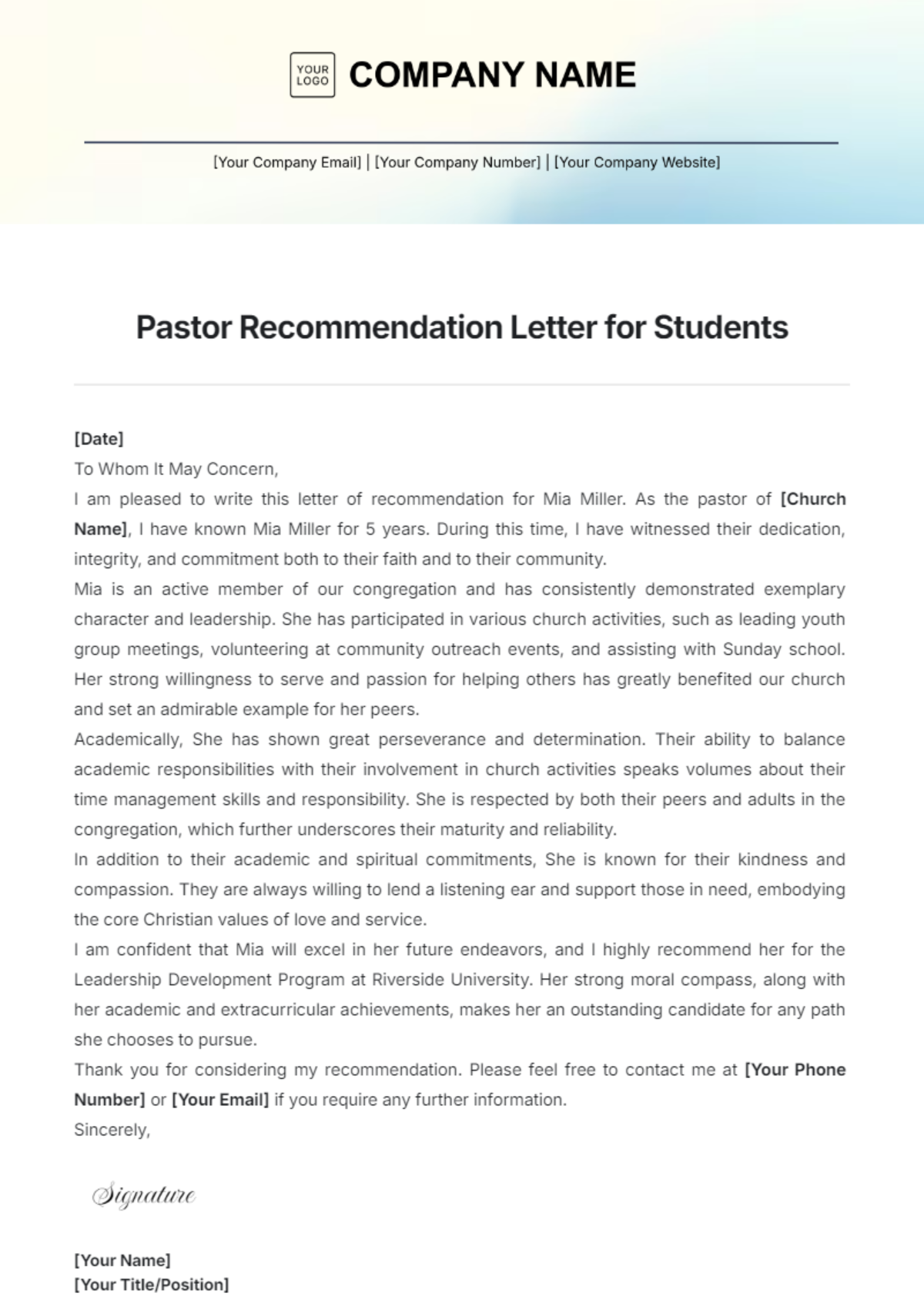 Pastor Recommendation Letter for Students Template - Edit Online & Download