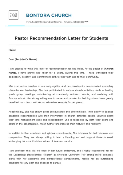 Free Pastor Recommendation Letter for Students Template to Edit Online