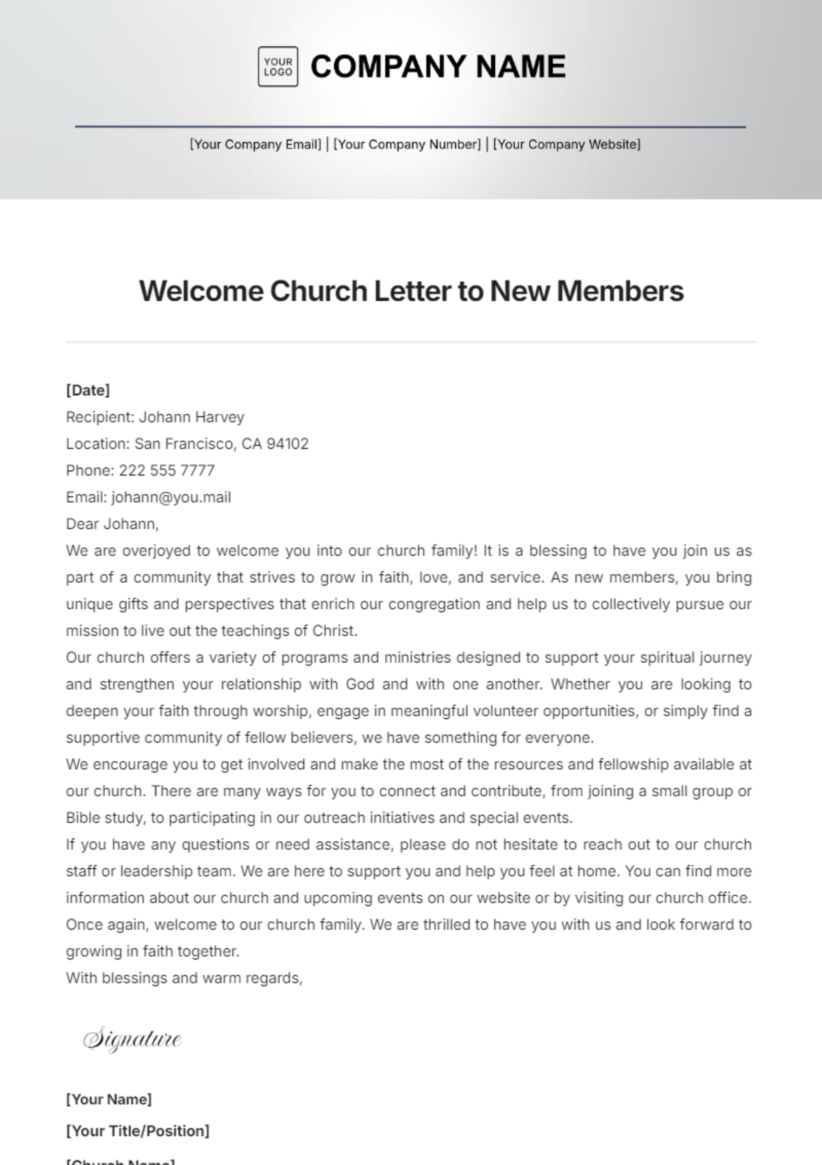 Welcome Church Letter to New Members Template - Edit Online & Download