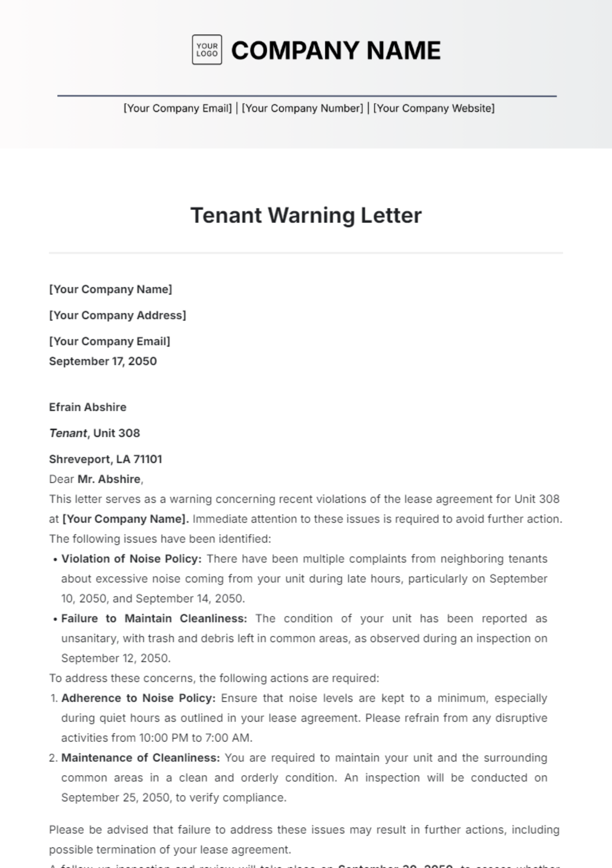 Tenant Warning Letter Template