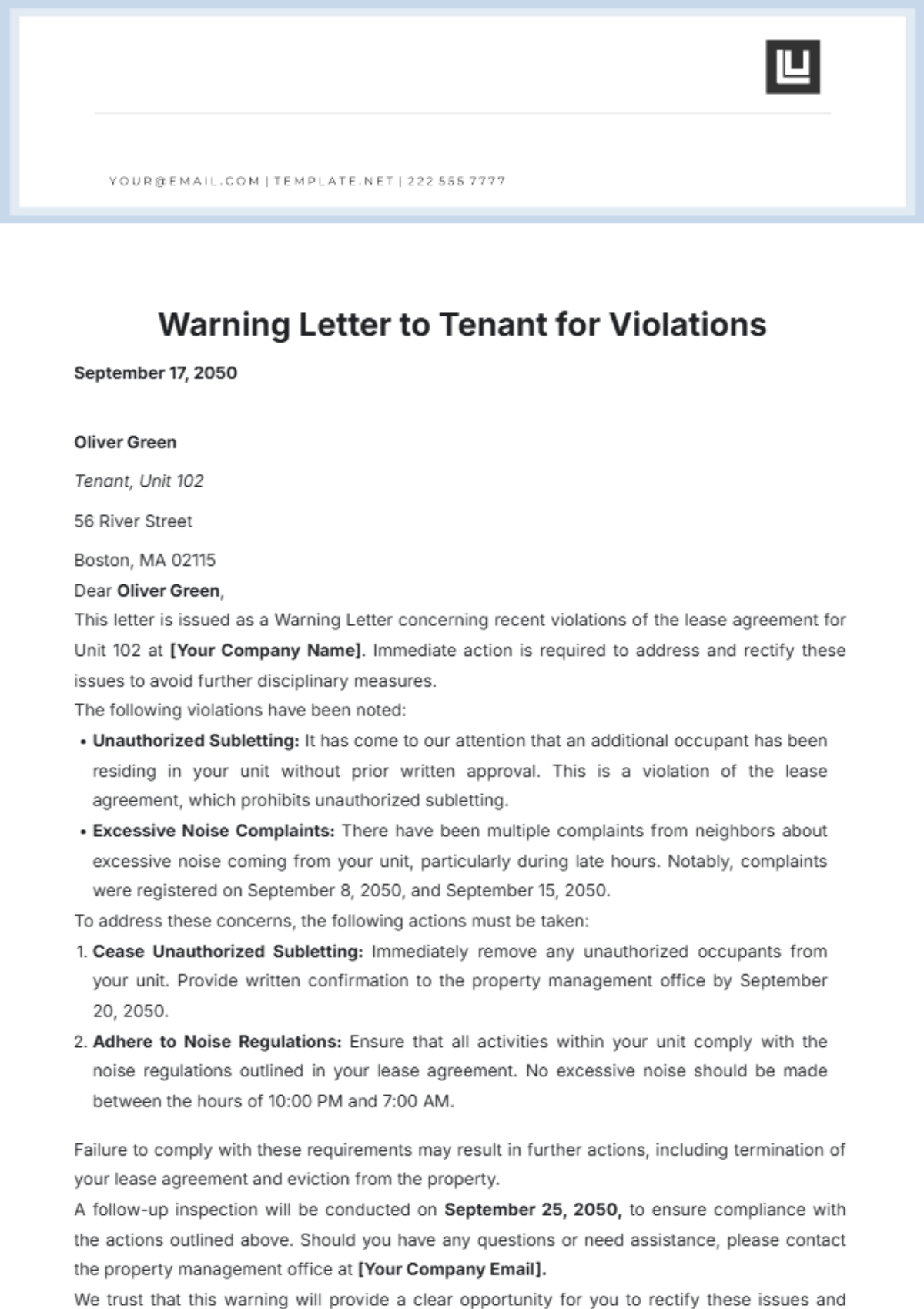 Warning Letter to Tenant for Violations Template - Edit Online & Download