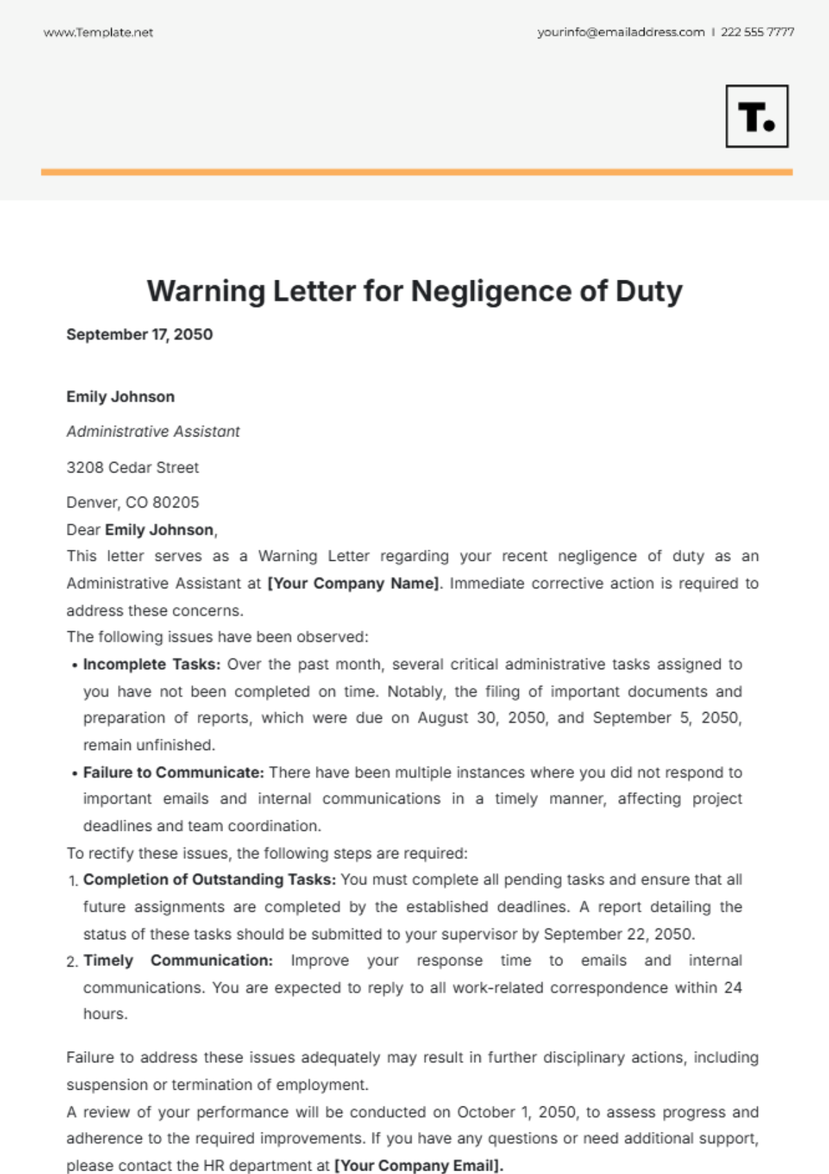 Warning Letter to Employee for Negligence of Duty Template - Edit Online & Download