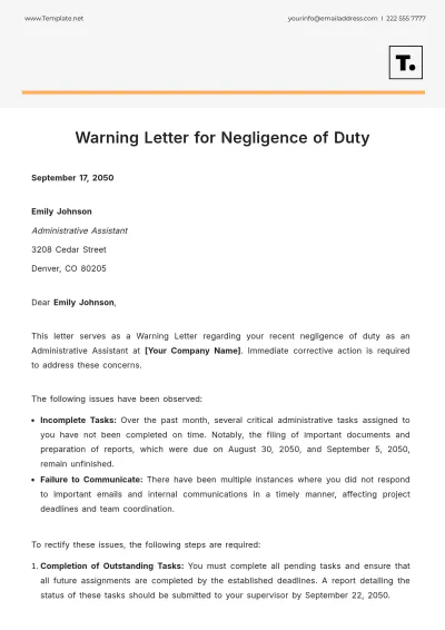 Free Warning Letter to Employee for Negligence of Duty Template to Edit Online