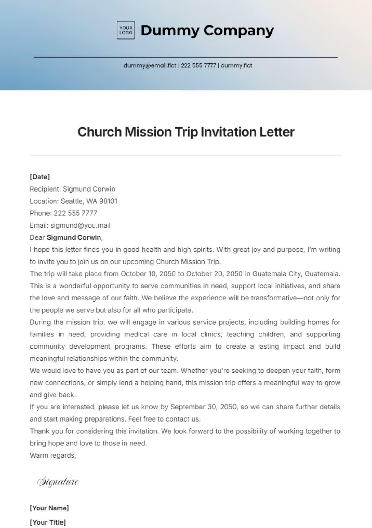 Church Mission Trip Invitation Letter Template - Edit Online & Download