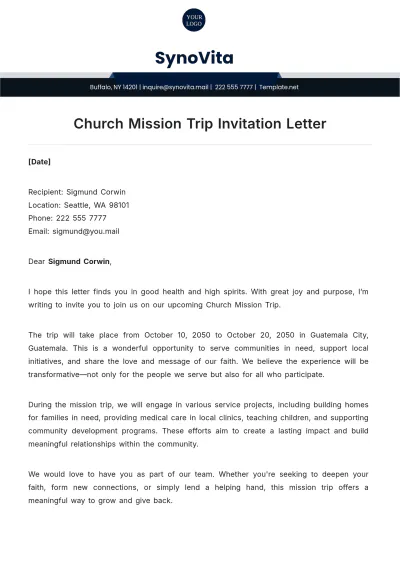 Free Church Mission Trip Invitation Letter Template to Edit Online