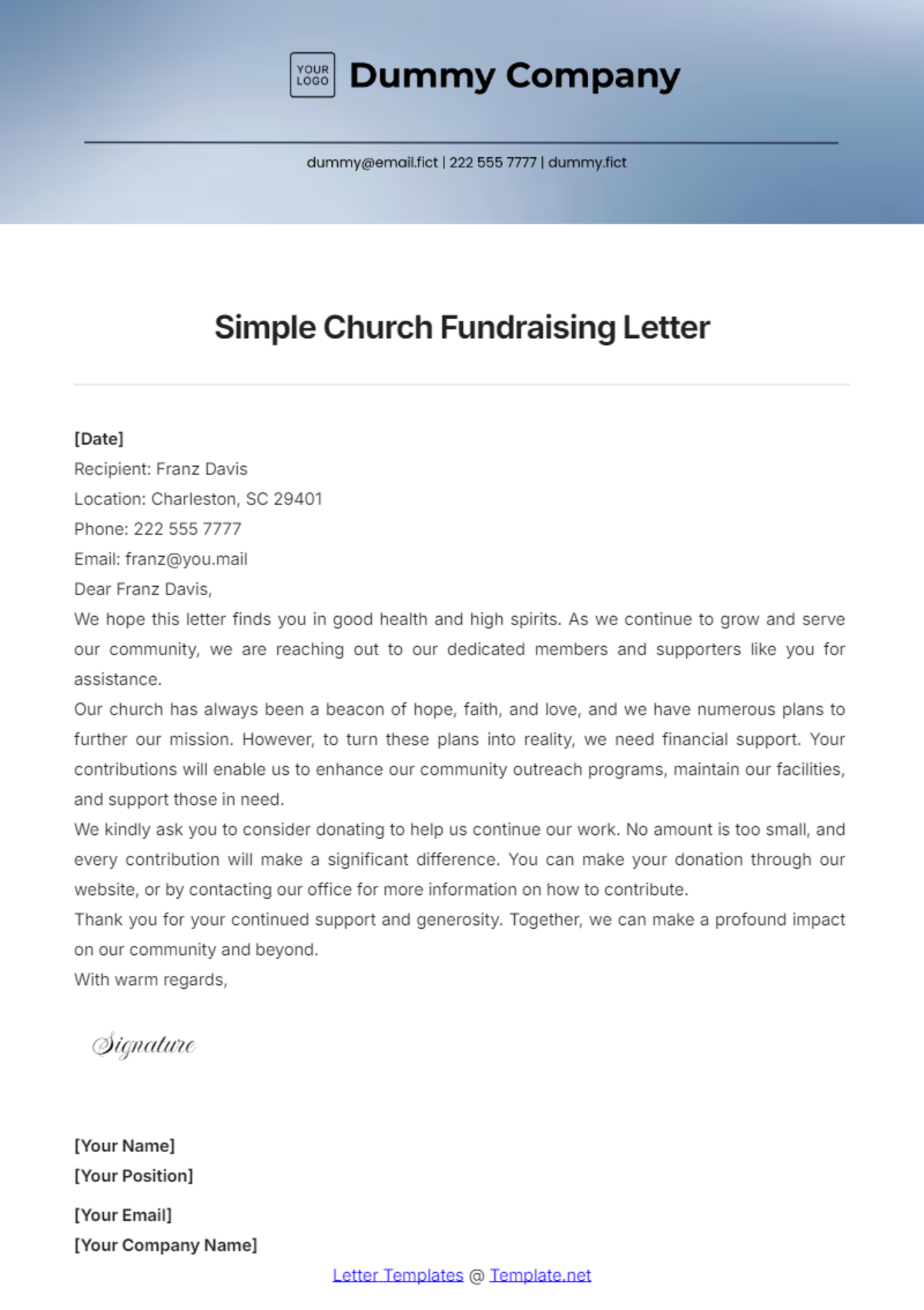 Simple Church Fundraising Letter Template - Edit Online & Download