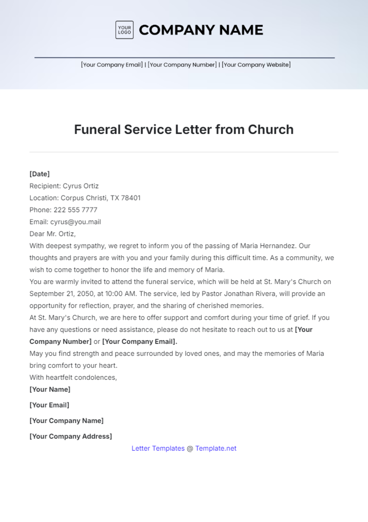 Funeral Service Letter from Church Template - Edit Online & Download