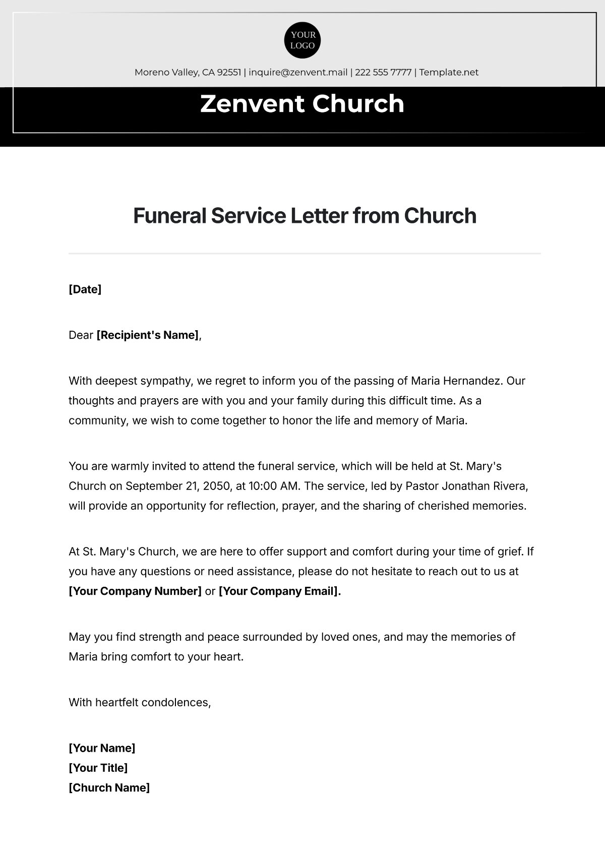 Funeral Service Letter from Church Template - Edit Online & Download