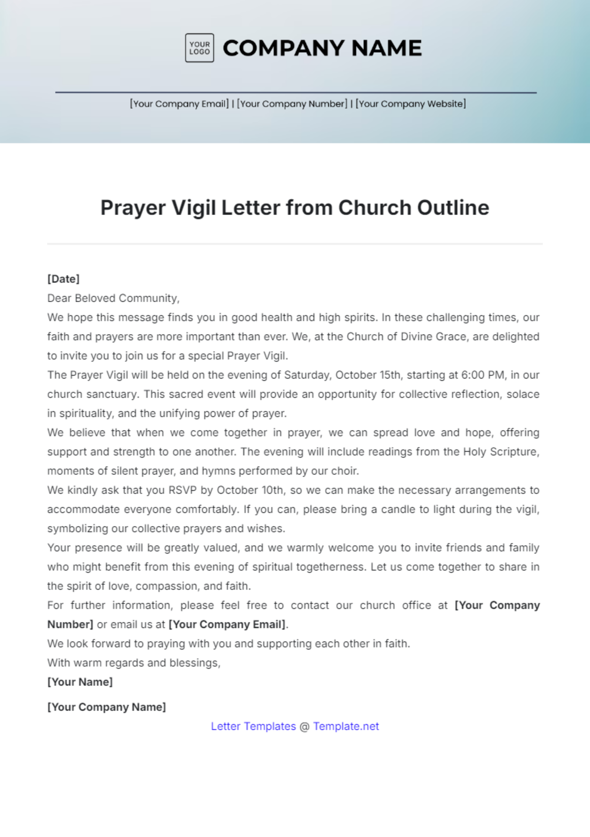 Prayer Vigil Letter from Church Outline Template - Edit Online & Download