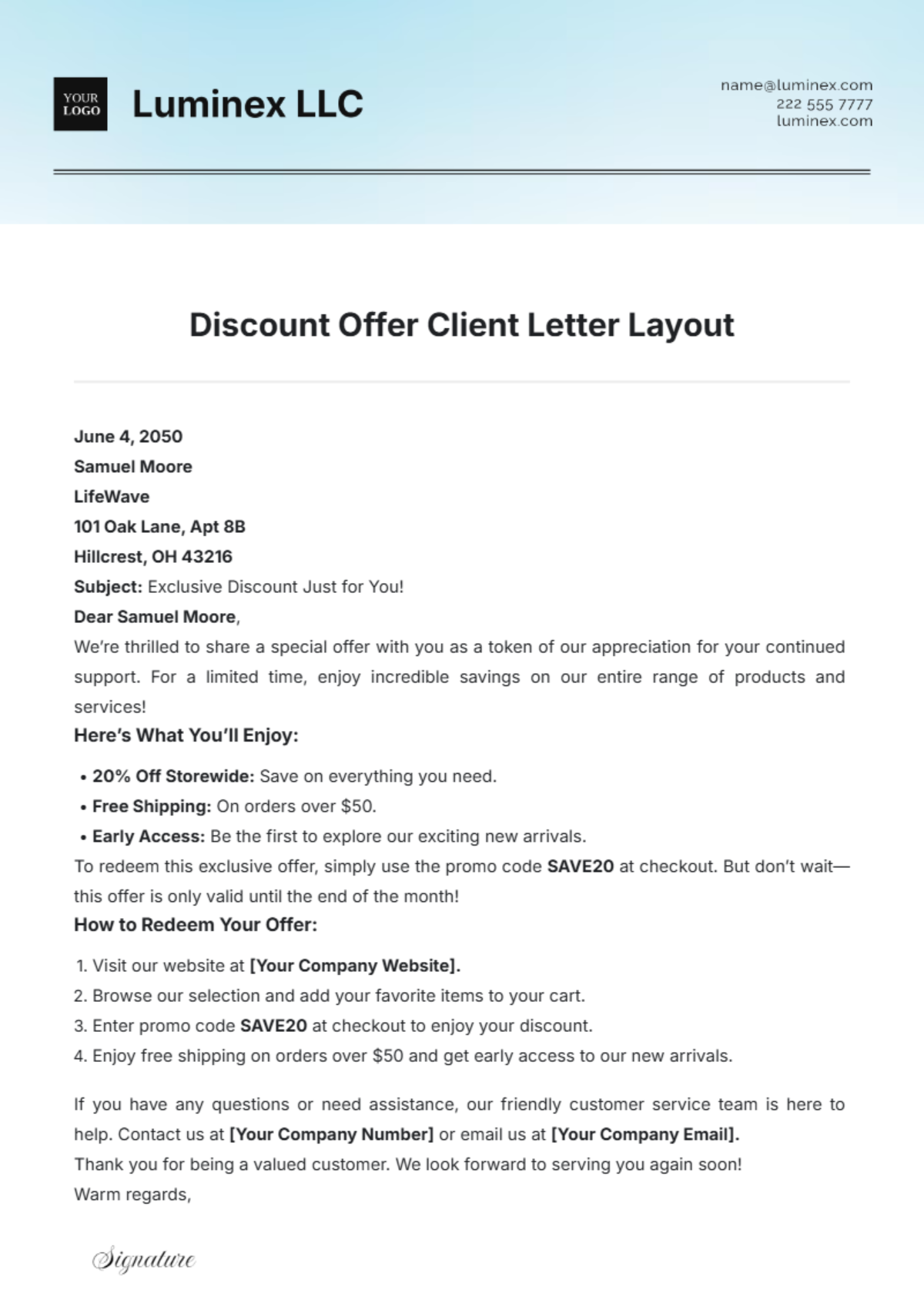 Discount Offer Client Letter Layout Template - Edit Online & Download