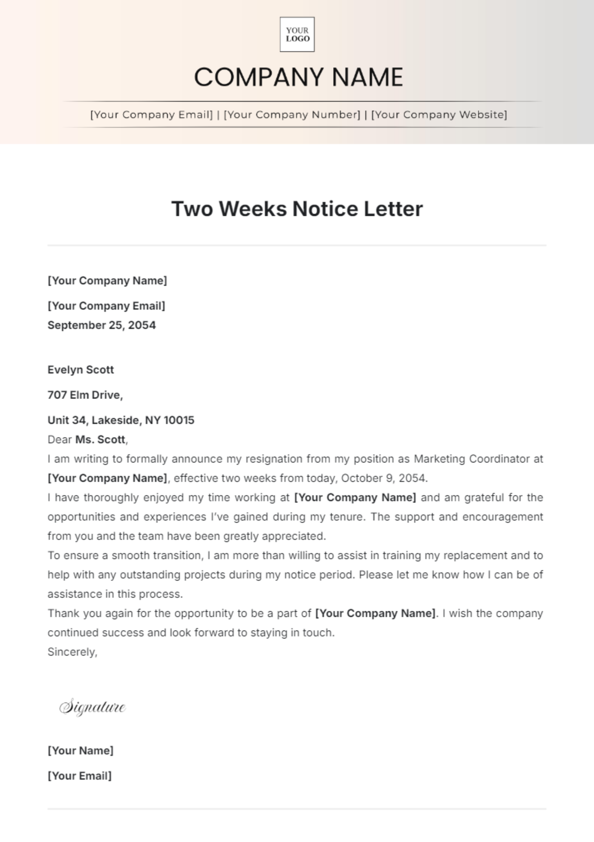 Free Two Weeks Notice Letter Template to Edit Online