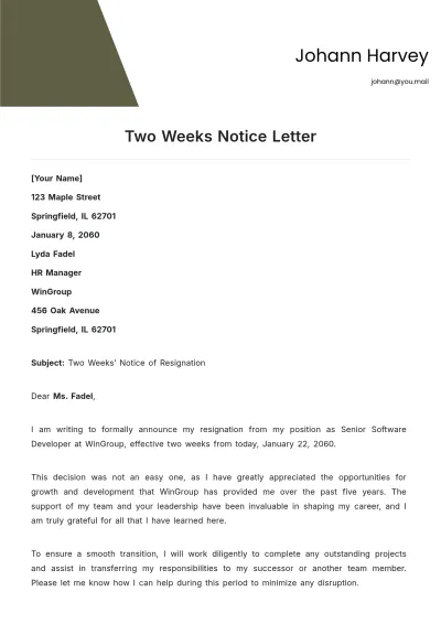 Free Two Weeks Notice Letter Template to Edit Online
