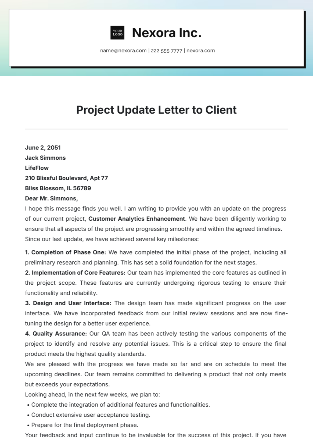 Project Update Letter to Client Template - Edit Online & Download