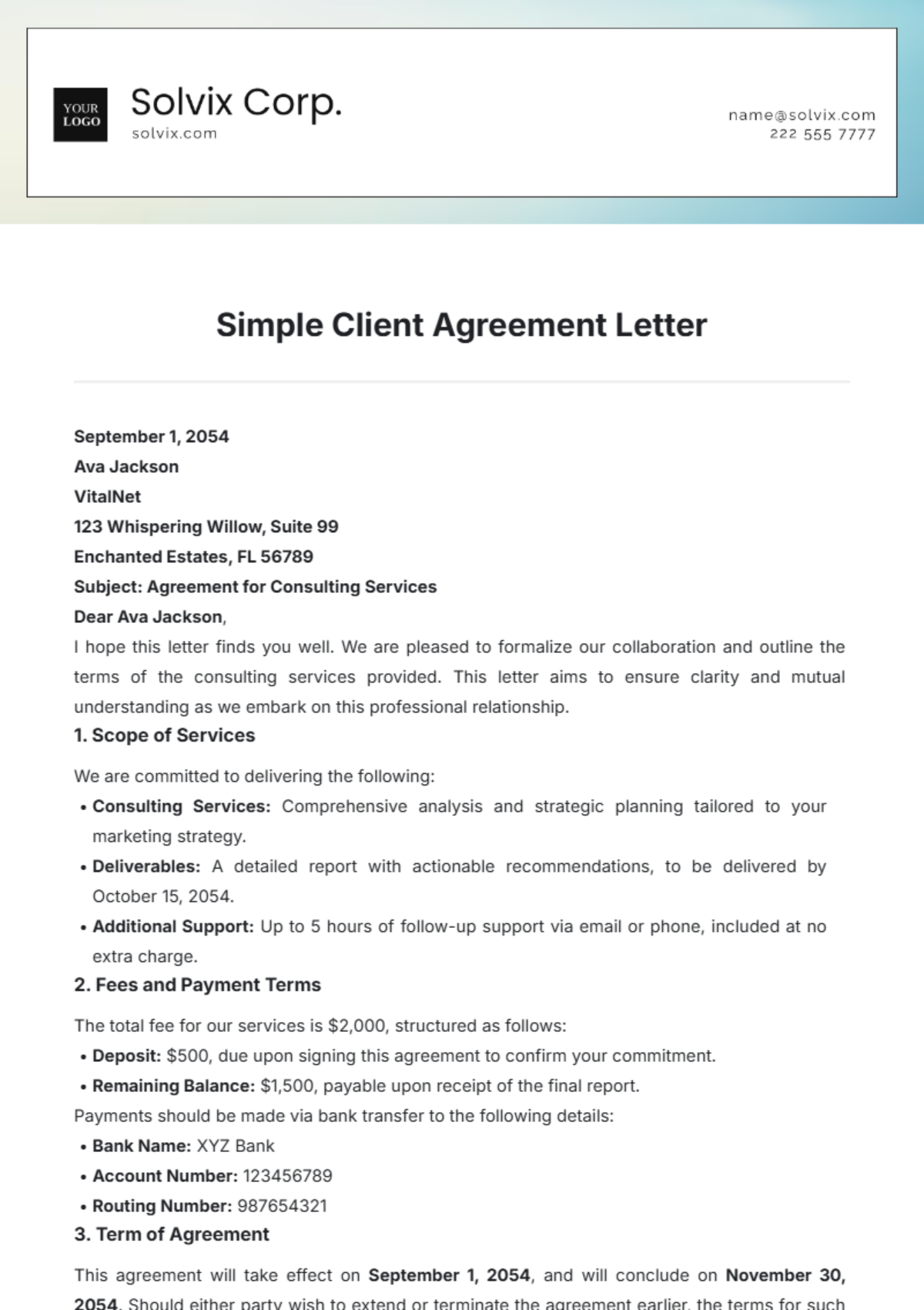 Simple Client Agreement Letter Template - Edit Online & Download