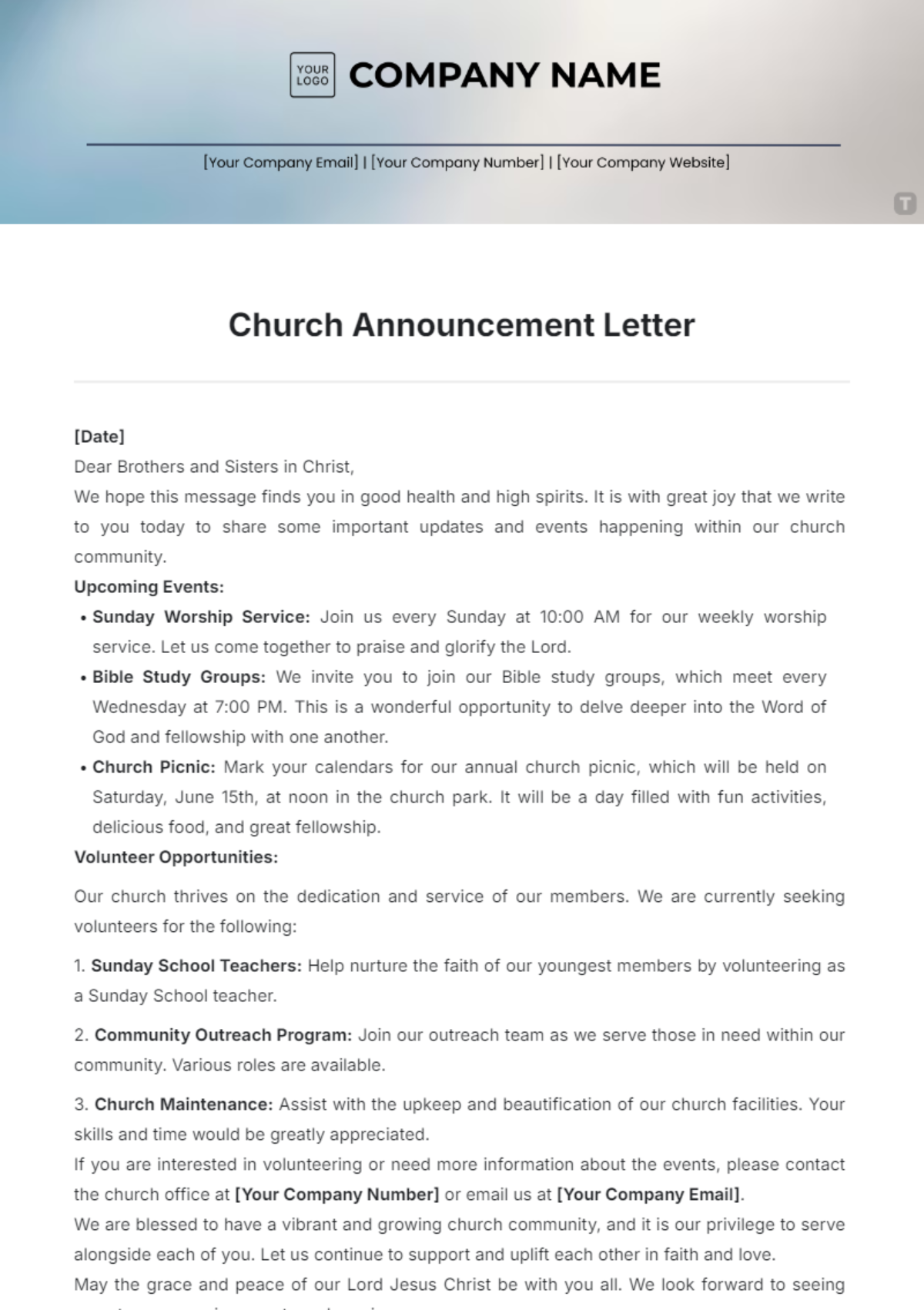 Church Announcement Letter Printable Template - Edit Online & Download