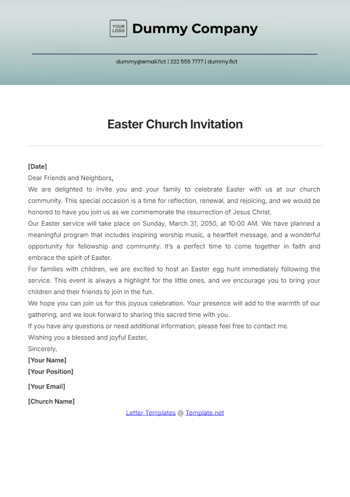 Easter Church Invitation Letter Template - Edit Online & Download