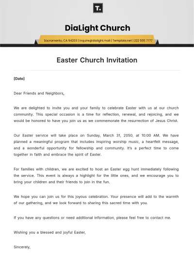Free Easter Church Invitation Letter Template to Edit Online