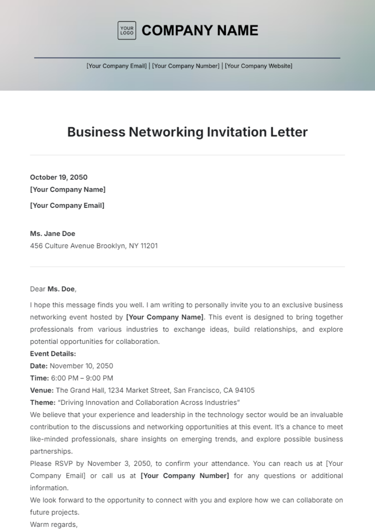 Business Networking Invitation Letter Template - Edit Online & Download