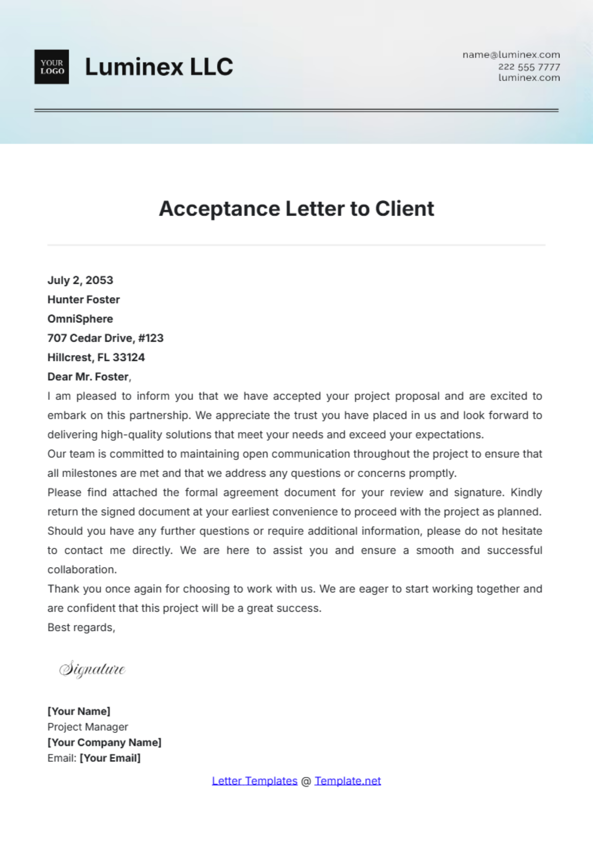 Acceptance Letter to Client Template - Edit Online & Download