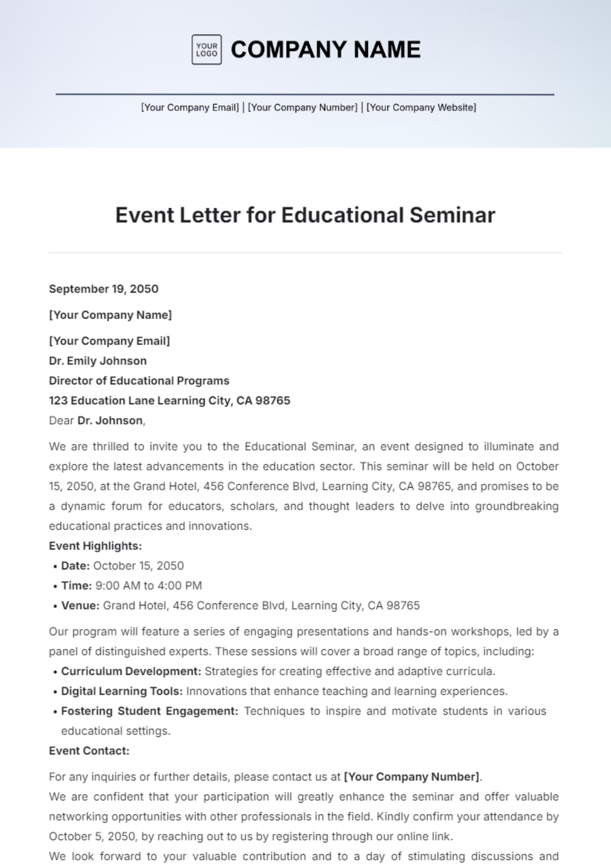 Event Letter for Educational Seminar  Template - Edit Online & Download